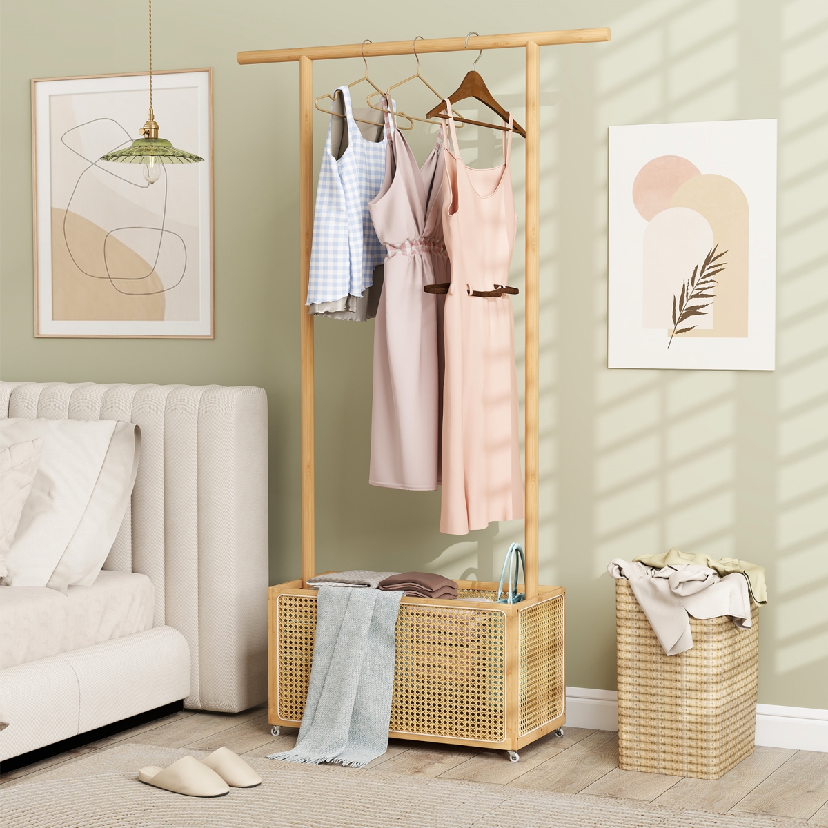 JV12807NA Bamboo Clothes Rack with Rattan Storage Basket & Wheels, Natural