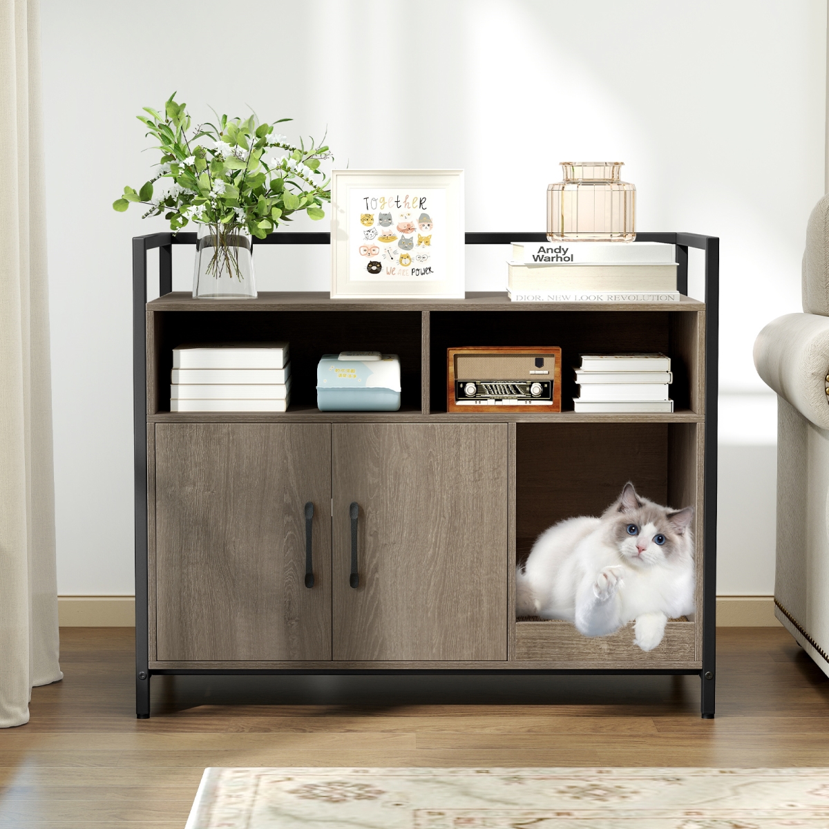 PV10228OA Hidden Cat Washroom with Double Doors & Scratch Cardboard, Oak