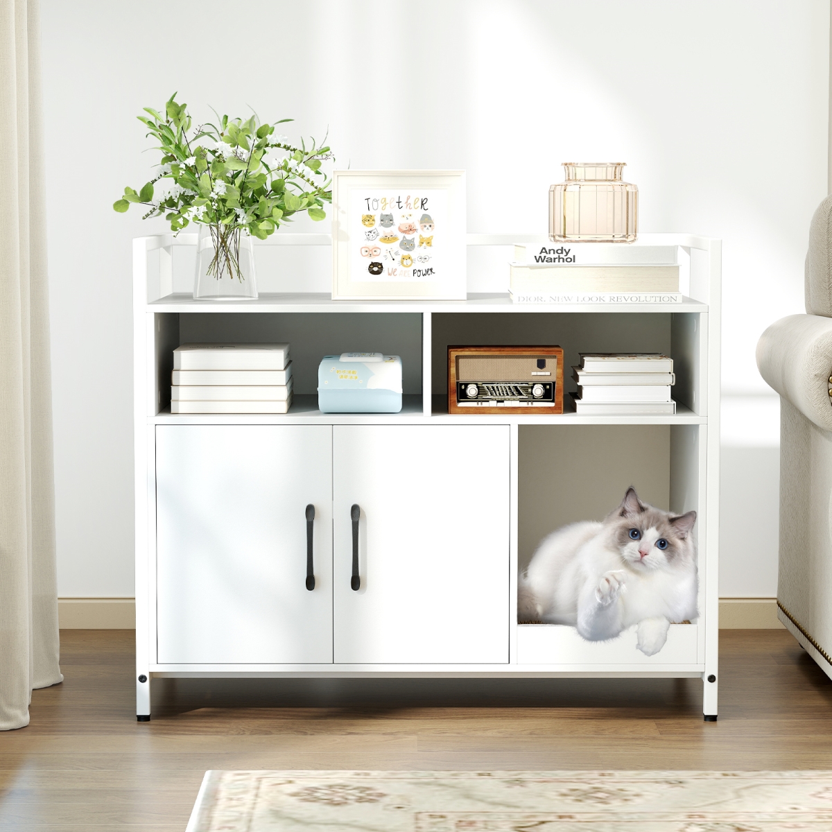 PV10228WH Hidden Cat Washroom with Double Doors & Scratch Cardboard, Off White