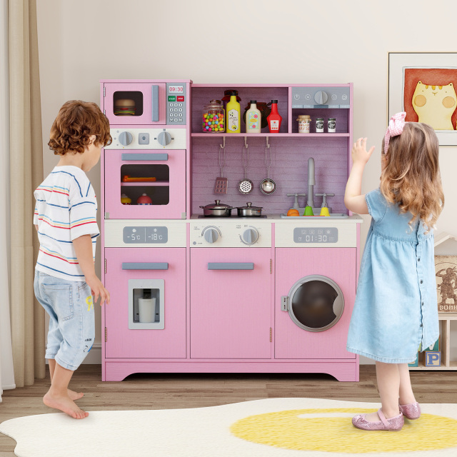TP10236PI Pretend Play Kitchen Wooden Toy Set Kitchen Accessory Playset with Real Lights Sounds, Pink