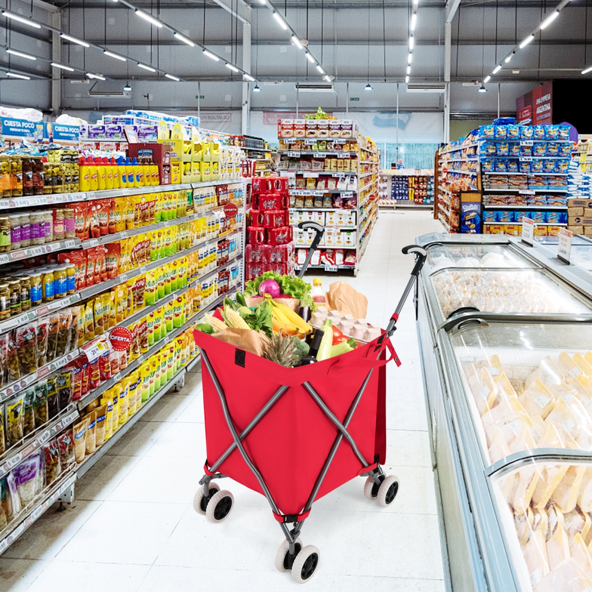 TA10025RE Folding Shopping Utility Cart with Water-Resistant Removable Canvas Bag, Red