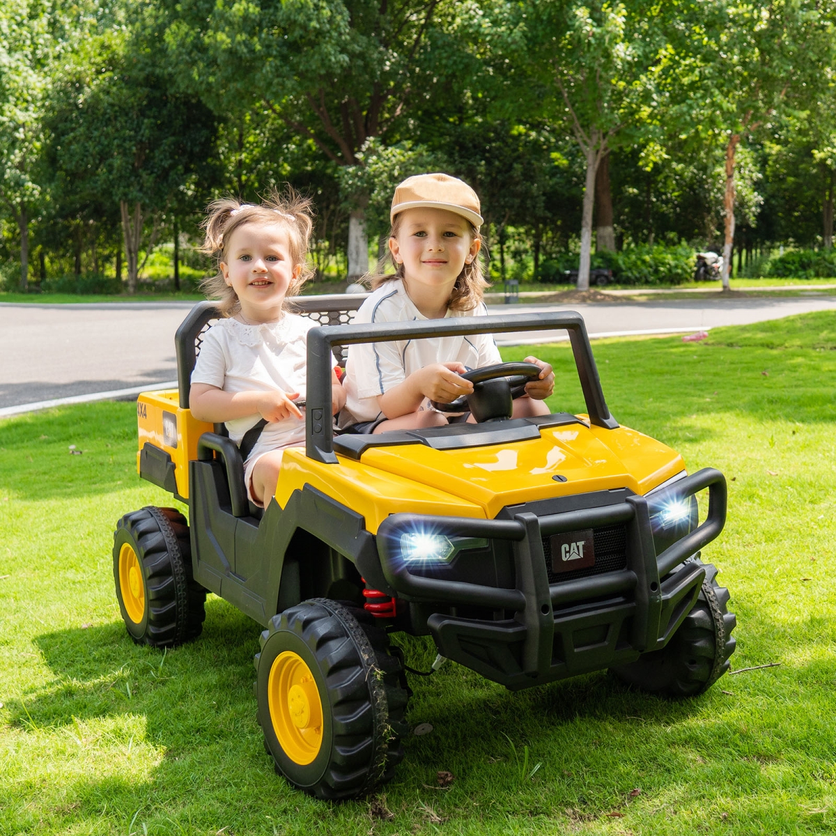 TQ10409US-YW 24V Ride-on Dump Truck Licensed Caterpillar 2-Seater Kids Car with Remote Control, Yellow