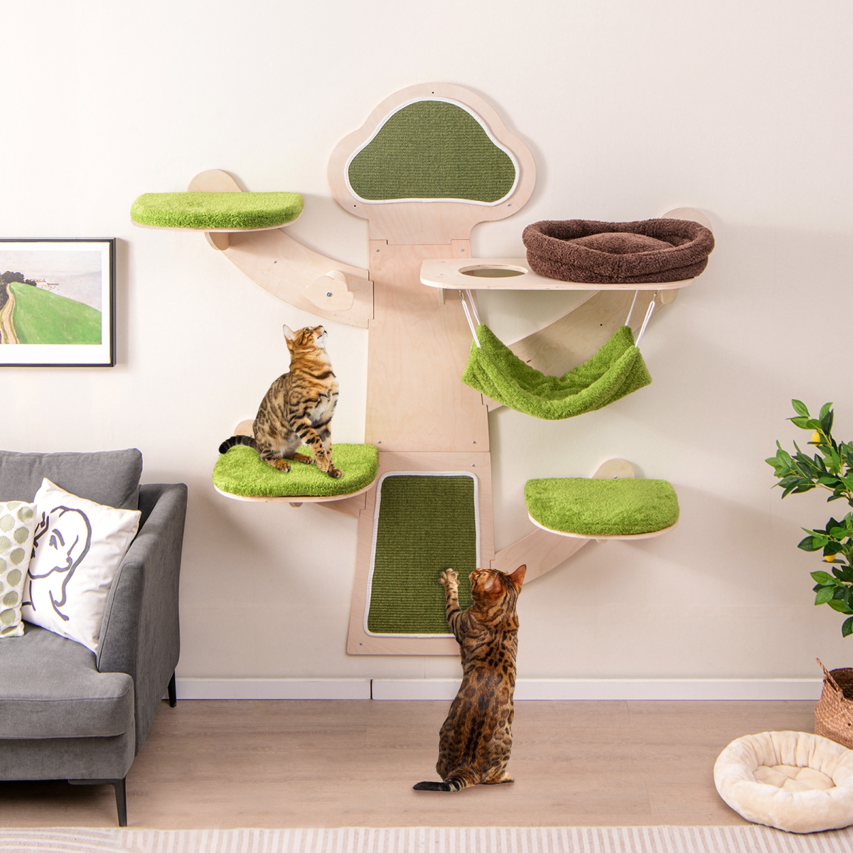 PV10151GN Wall-Mounted Cat Tower - Cat Wall Shelves Furniture with Bed, Green