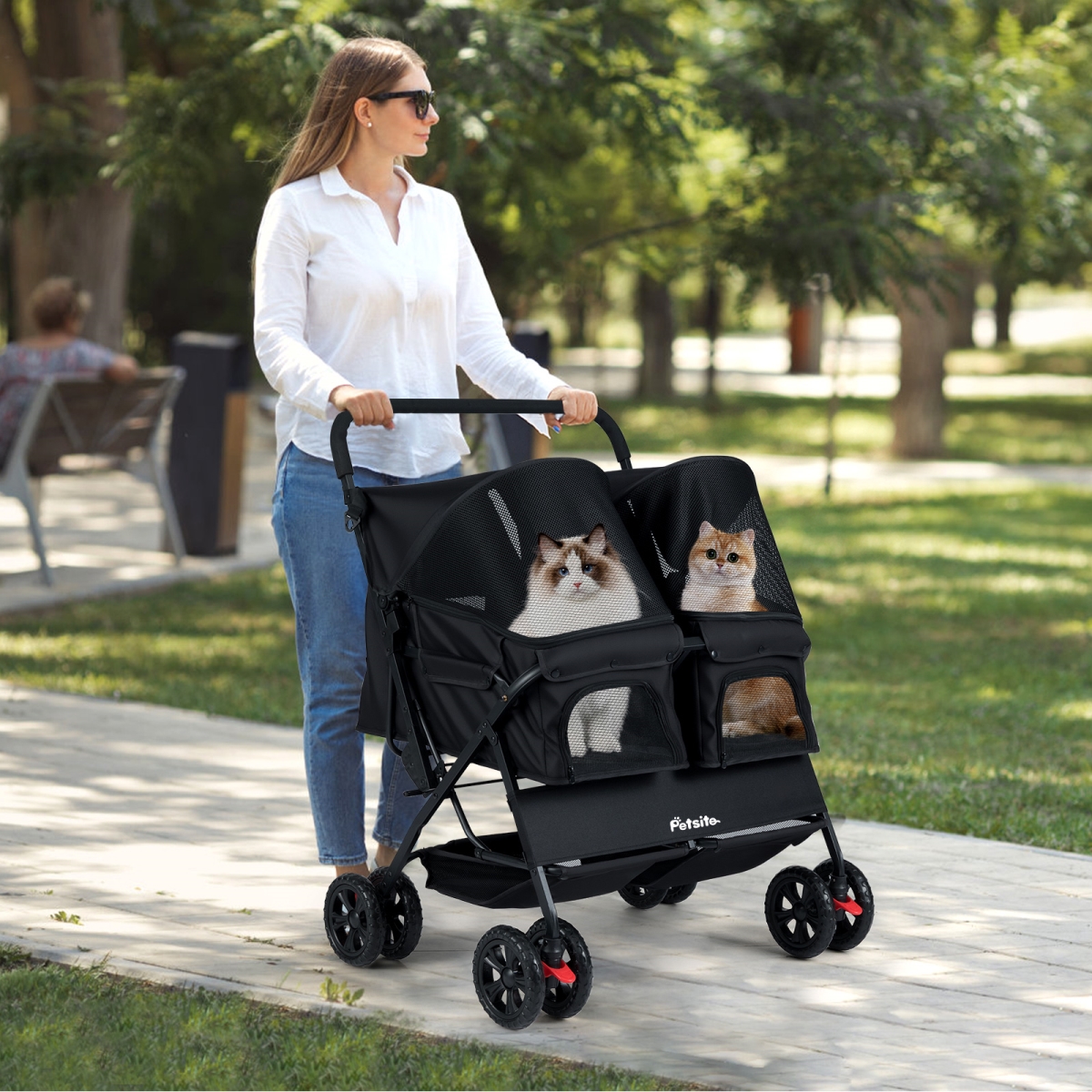 PW10142BK Foldable Double Pet Stroller with Adjustable Sunshade & Storage Basket, Black