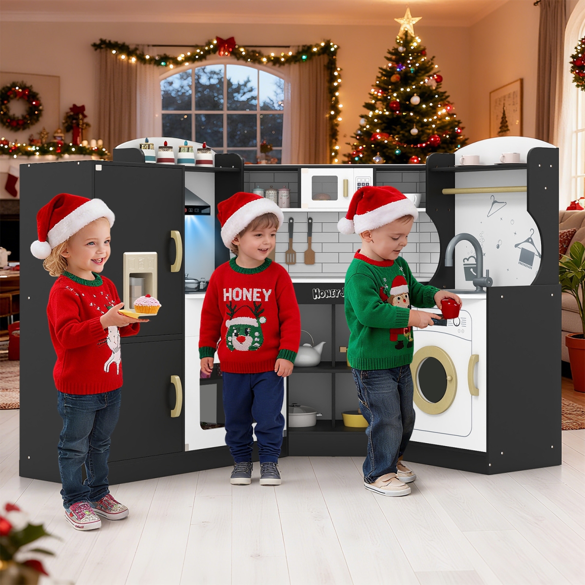 TM10080BK Corner Kids Play Kitchen with Washing Machine & Ice Maker Gift for Boys Girls, Black