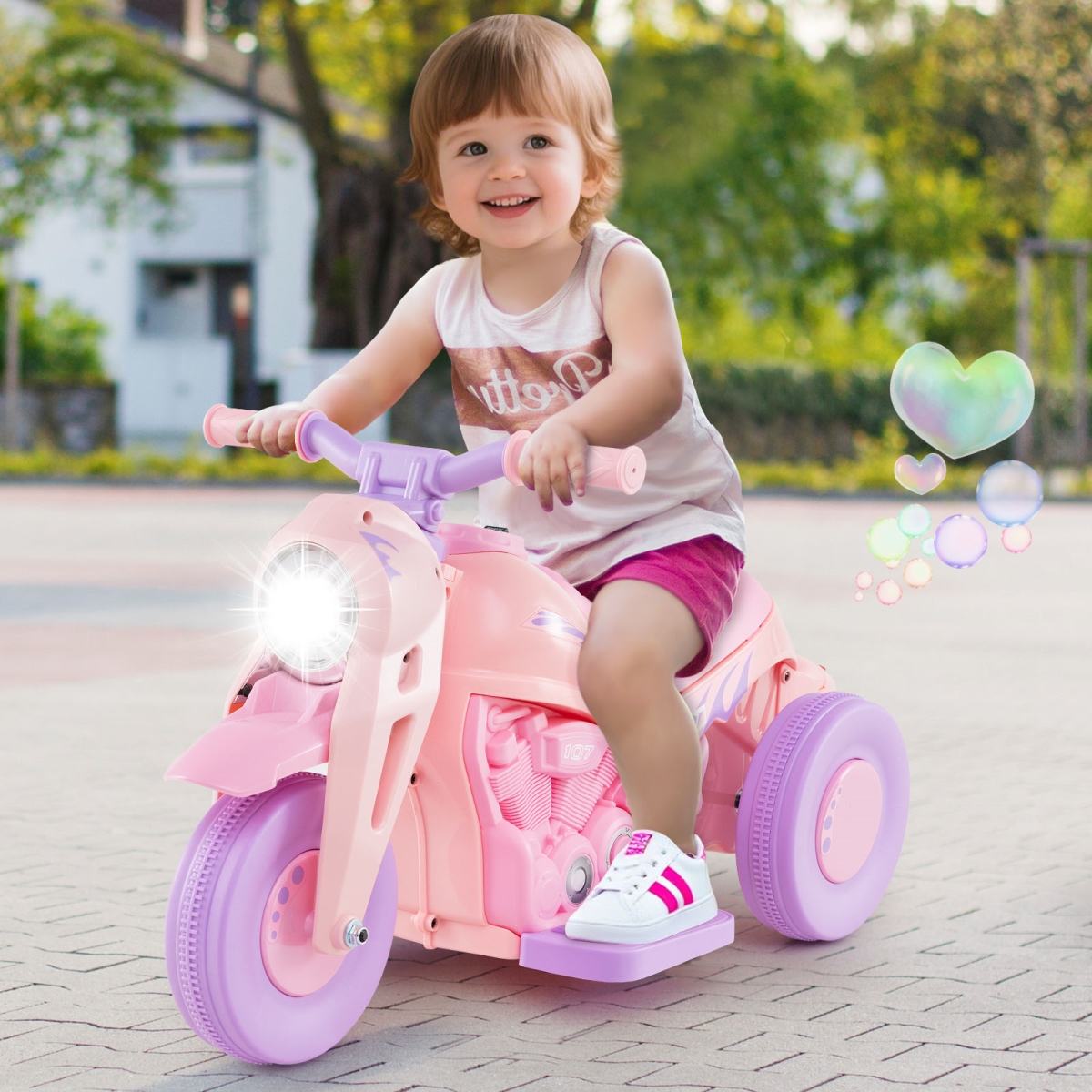 TQ10165US-FZ 6V Kids Electric Ride-on Motorcycle with Bubble Maker & Music, Pink & Purple