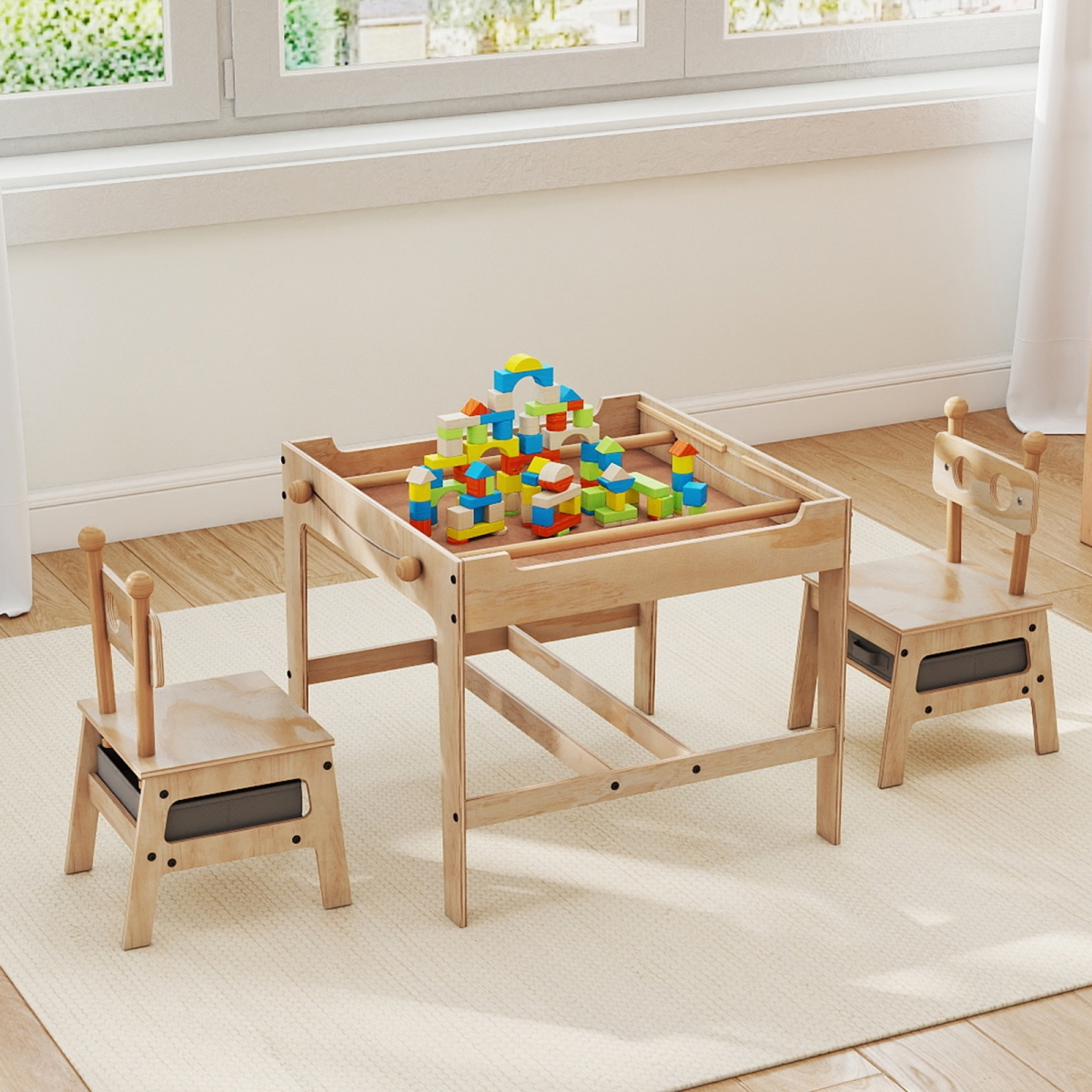 TP10411GR Kids Table & Chairs Set with Reversible Whiteboard Robot Shaped, Natural