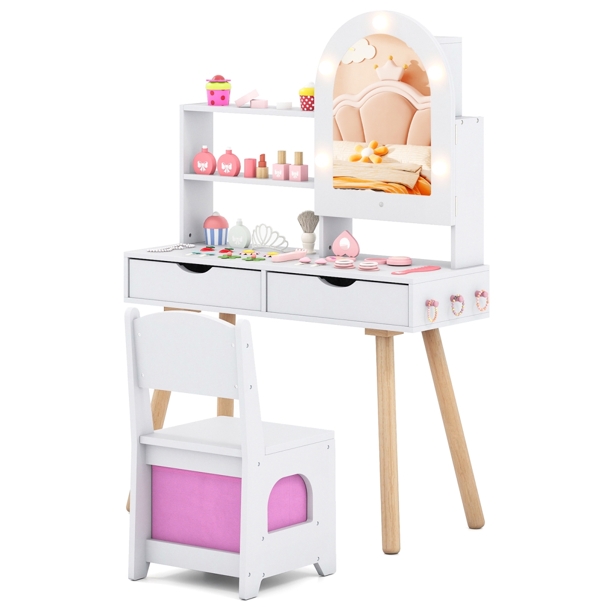 TP10448WH Kids Vanity Set Pretend Play Dressing Table Set with 3-Color Lighting Modes Adjustable Brightness & Mirror Cabinet, White