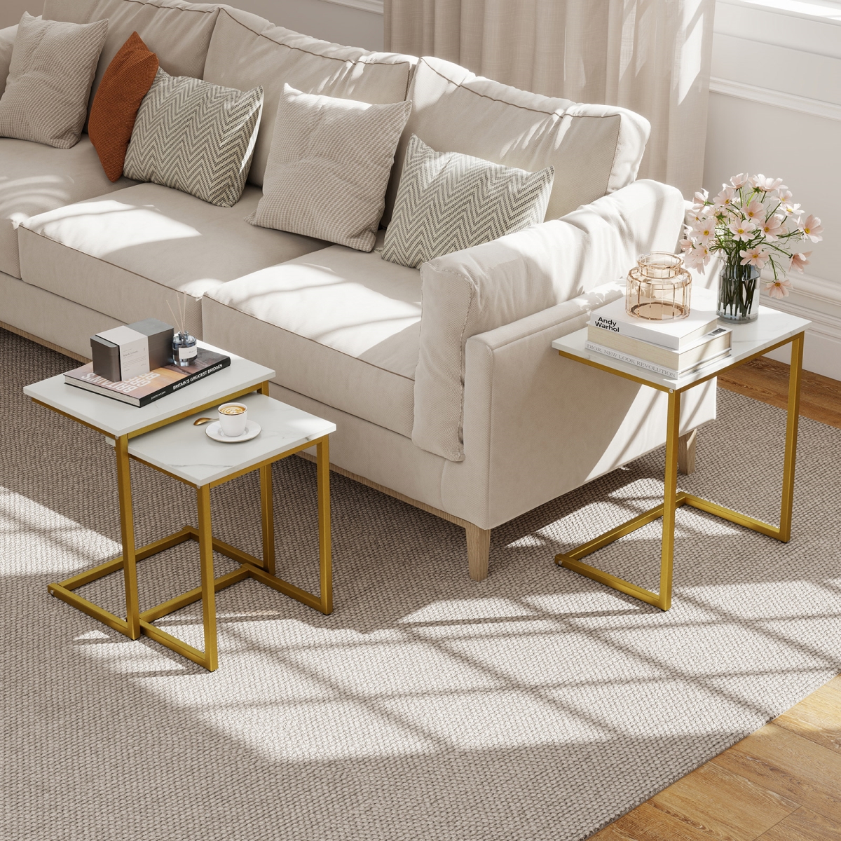 JV12305WH Multifunctional Coffee End Table Set, White - 3 Piece