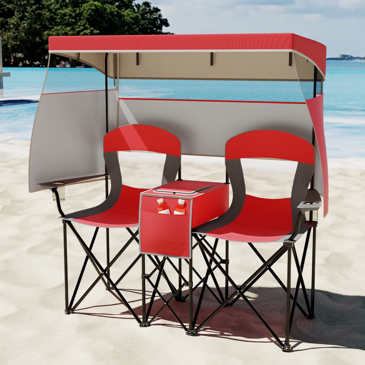NP12644RE Double Beach Chair with Adjustable Canopy & 3 Side Shading Curtains, Red