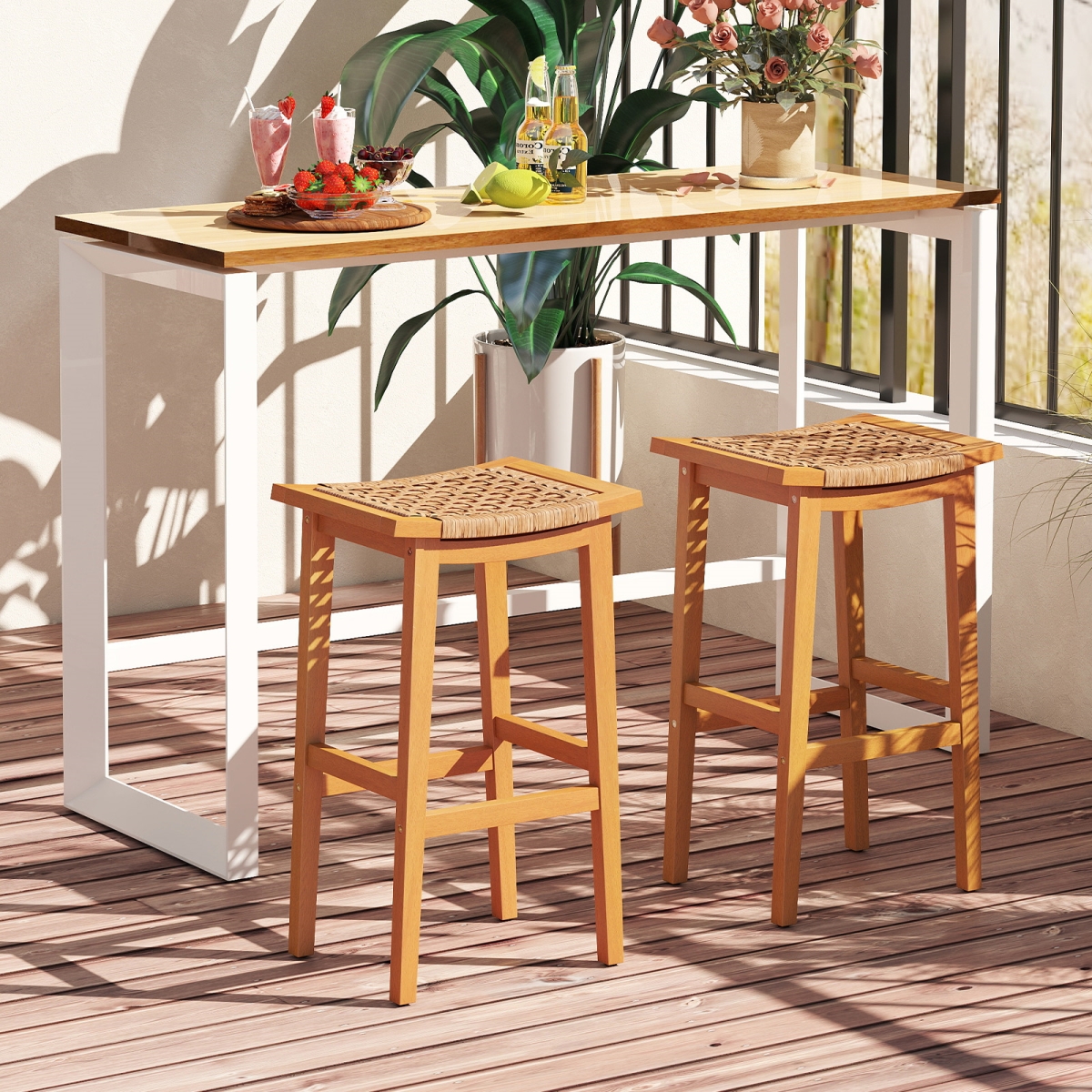 NP12893-2 Outdoor Acacia Wood Bar Stools with PE Rattan Seats & Backrests, Natural - Set of 2