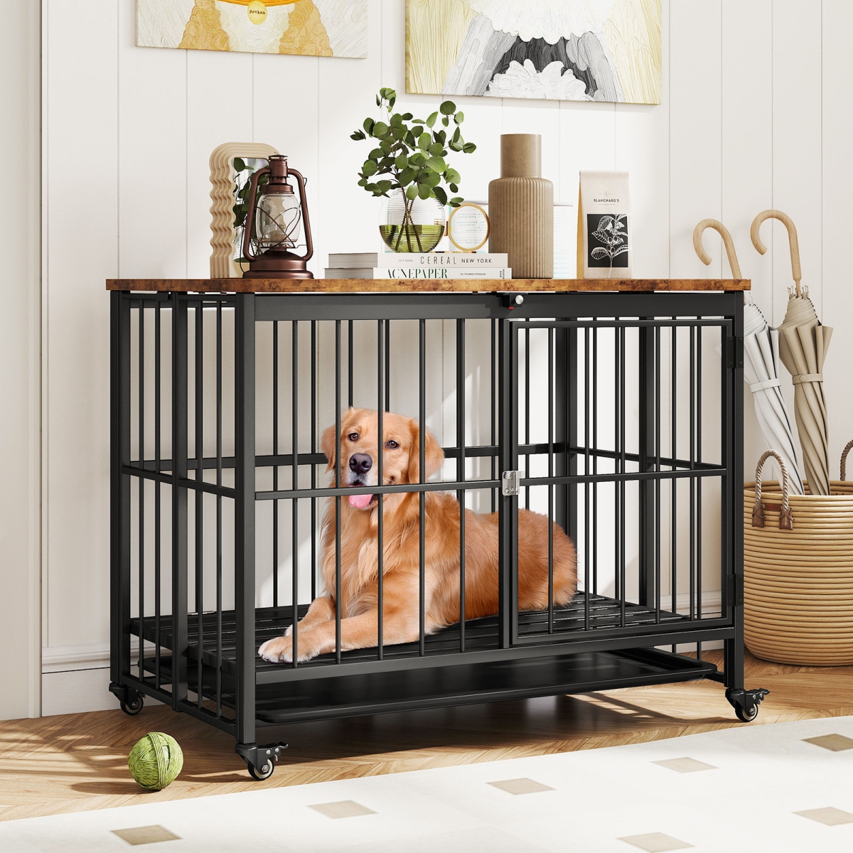 PU10076DK Foldable Dog Crate Furniture with Removable Tray & Lockable Door, Rustic Brown & Black - Large