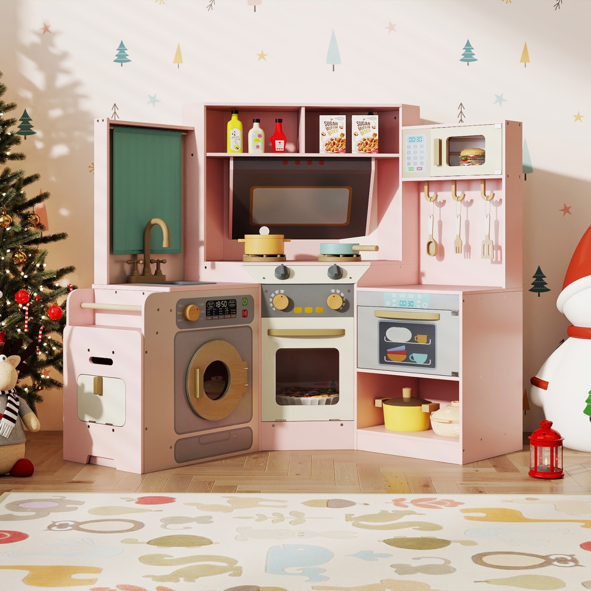 TP10311PI Corner Kitchen Toys with Lights & Sounds with Pull-out Trash Can & Stoves, Pink