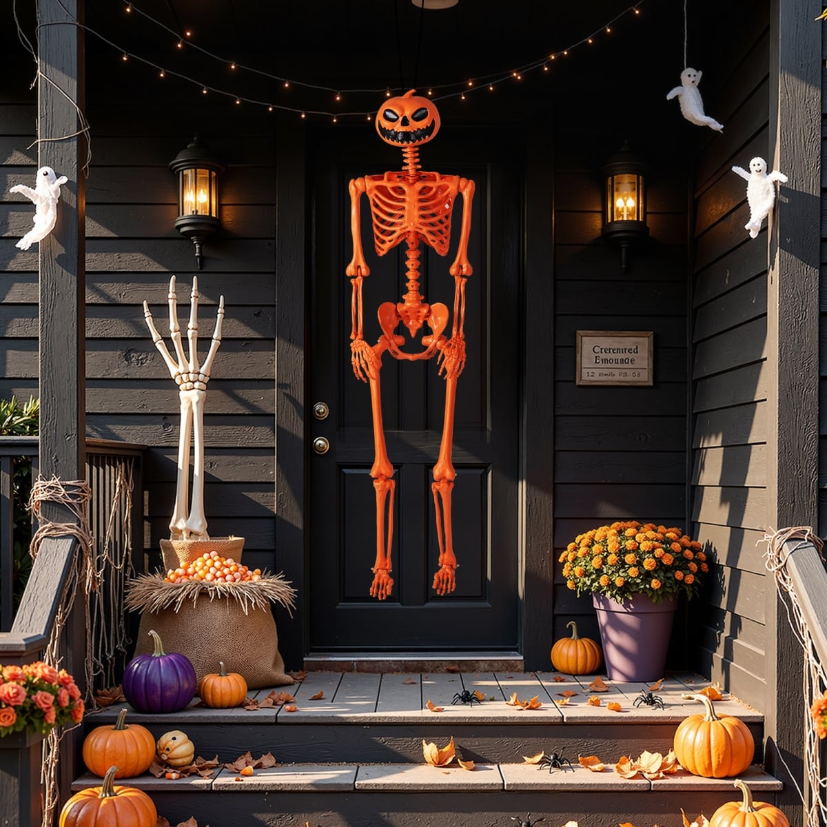 TT10039 5.2 ft. Life-Size Poseable Halloween Skeleton with Pumpkin Head & Movable Joints, Orange
