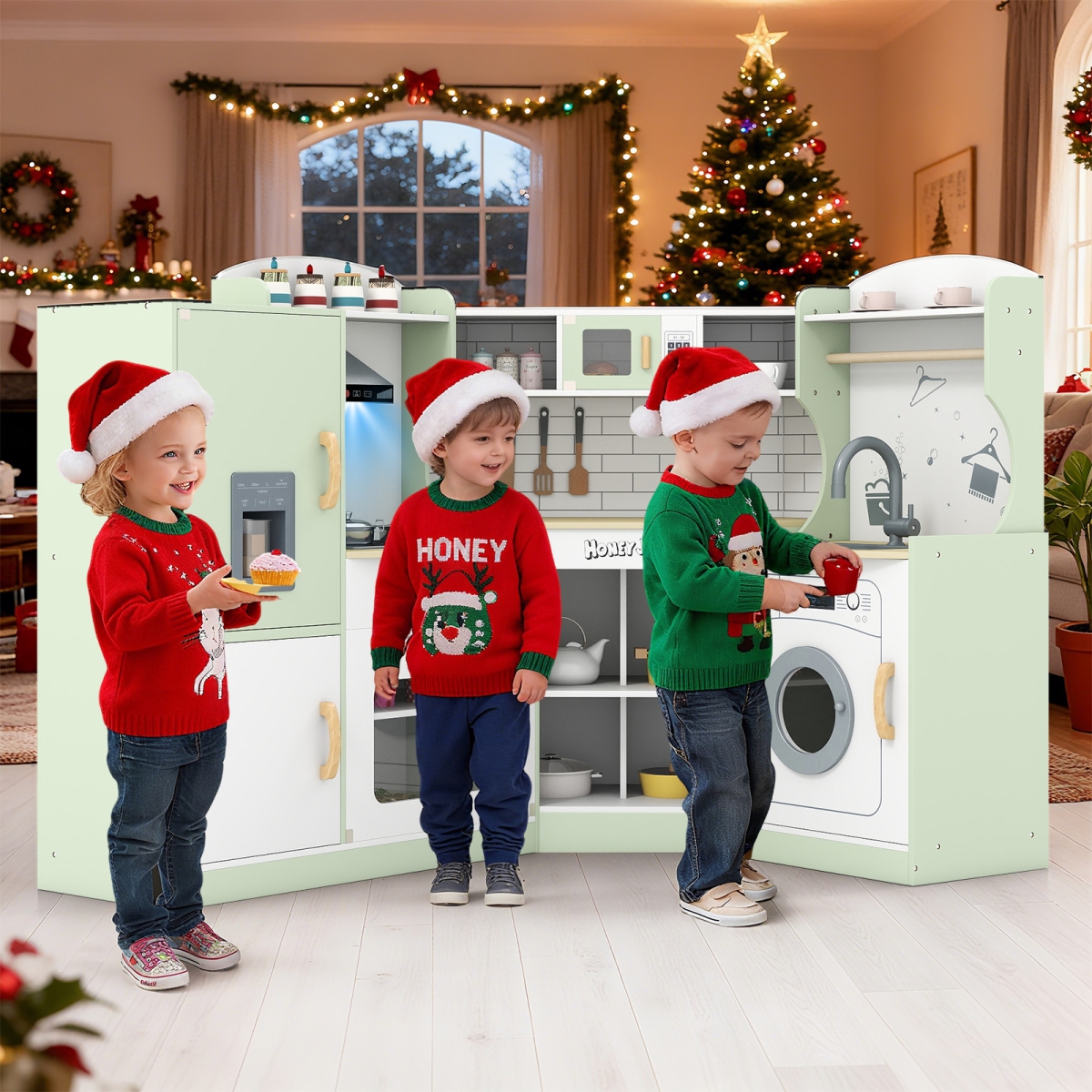 TM10080GN Corner Kids Play Kitchen with Washing Machine & Ice Maker Gift for Boys Girls, Green