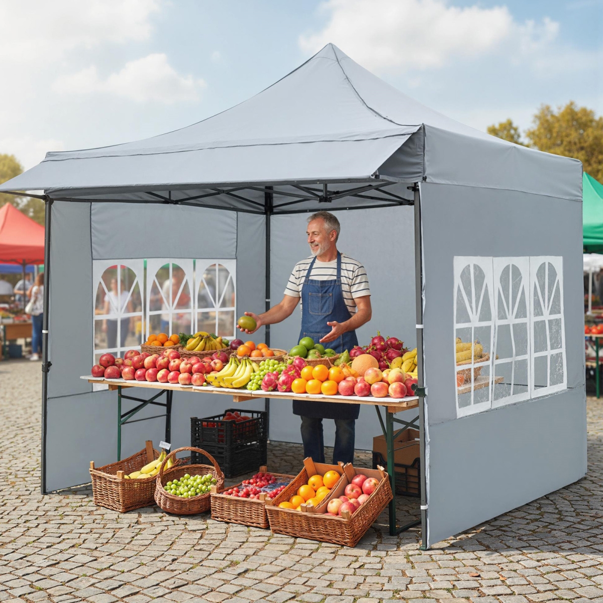 NP12823GR 10 x 10 ft. Pop Up Canopy Tent with Sidewalls & Awning for Party Picnic Event, Gray