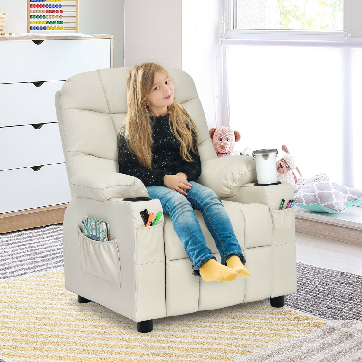 TE-HW66955SA PU Leather Kids Recliner Chair with Cup Holder & Footrest, Beige