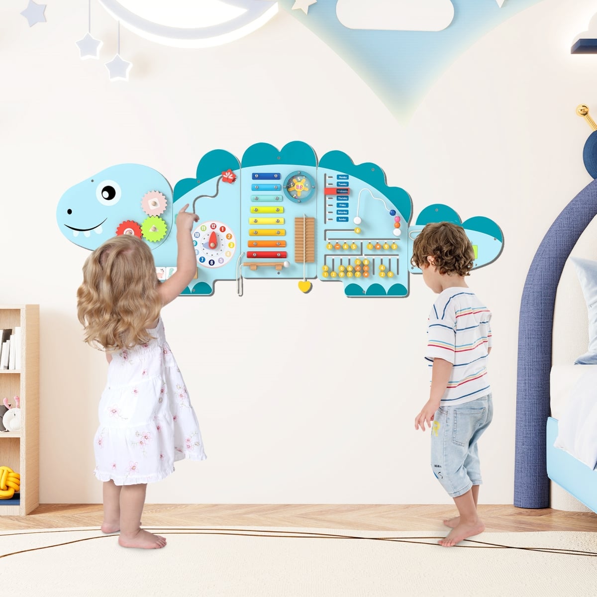TM10146BL 11-in-1 Dinosaur Activity Wall Busy Board Panels for Toddlers Education & Early Development, Blue