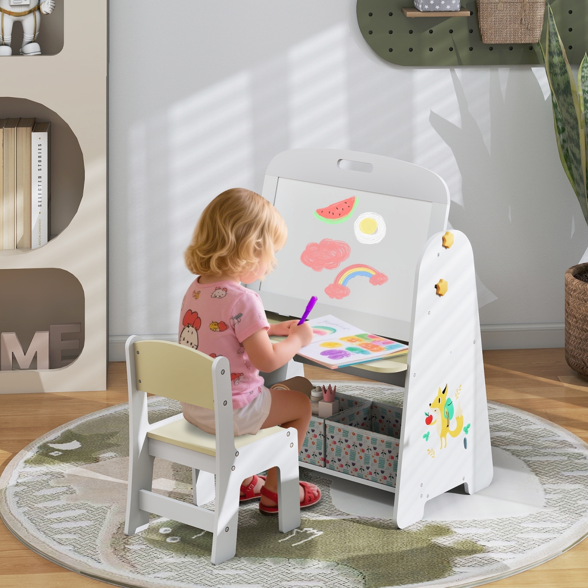 TM10151NA 4-in-1 Kids Table & Chair Set Art Easel with Magnetic Whiteboard & Bookshelf, Natural