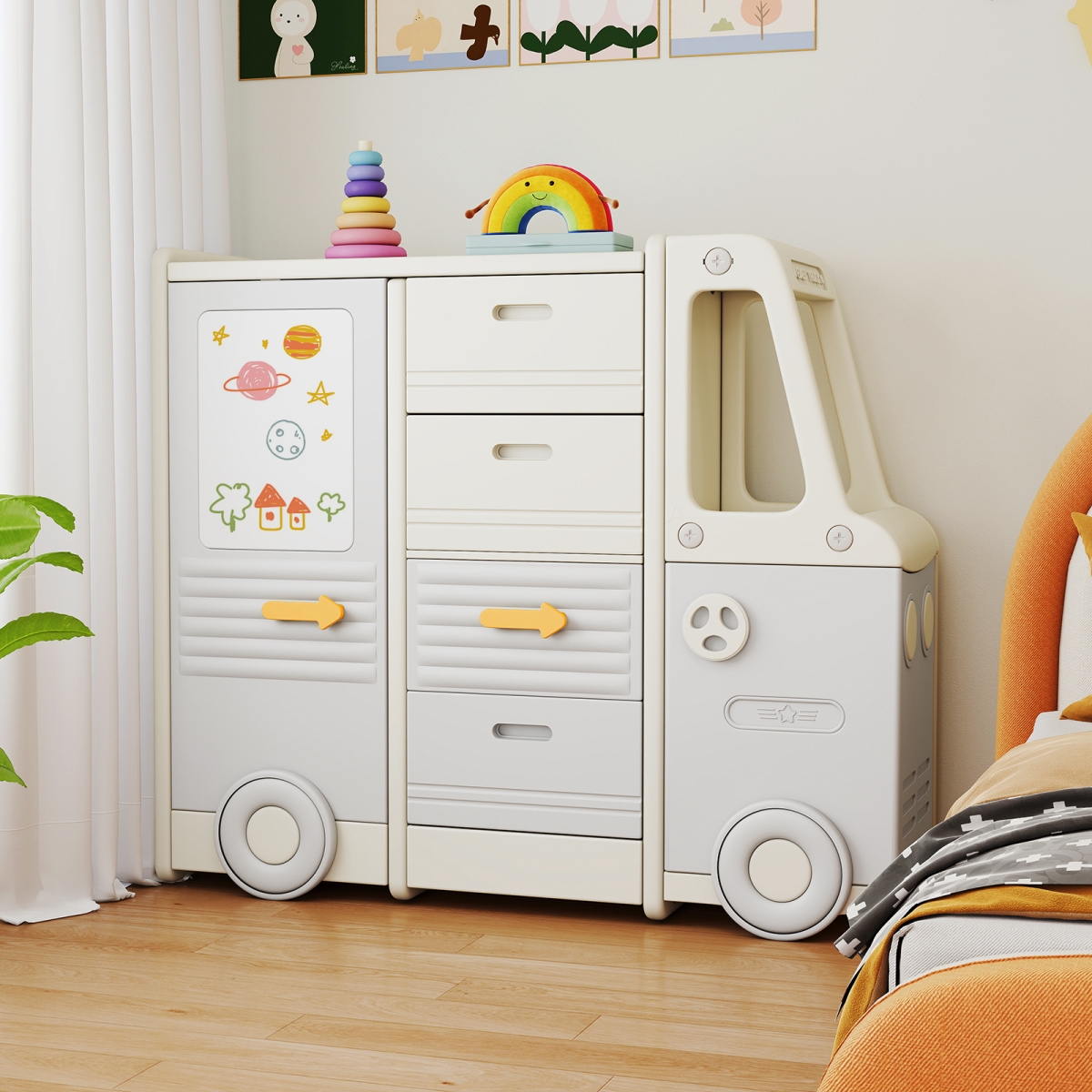 TP10172GR Kids Toy Storage Organizer Bus-Shaped Children Cabinet with 4 Pull-Out Drawers with Handles, Gray