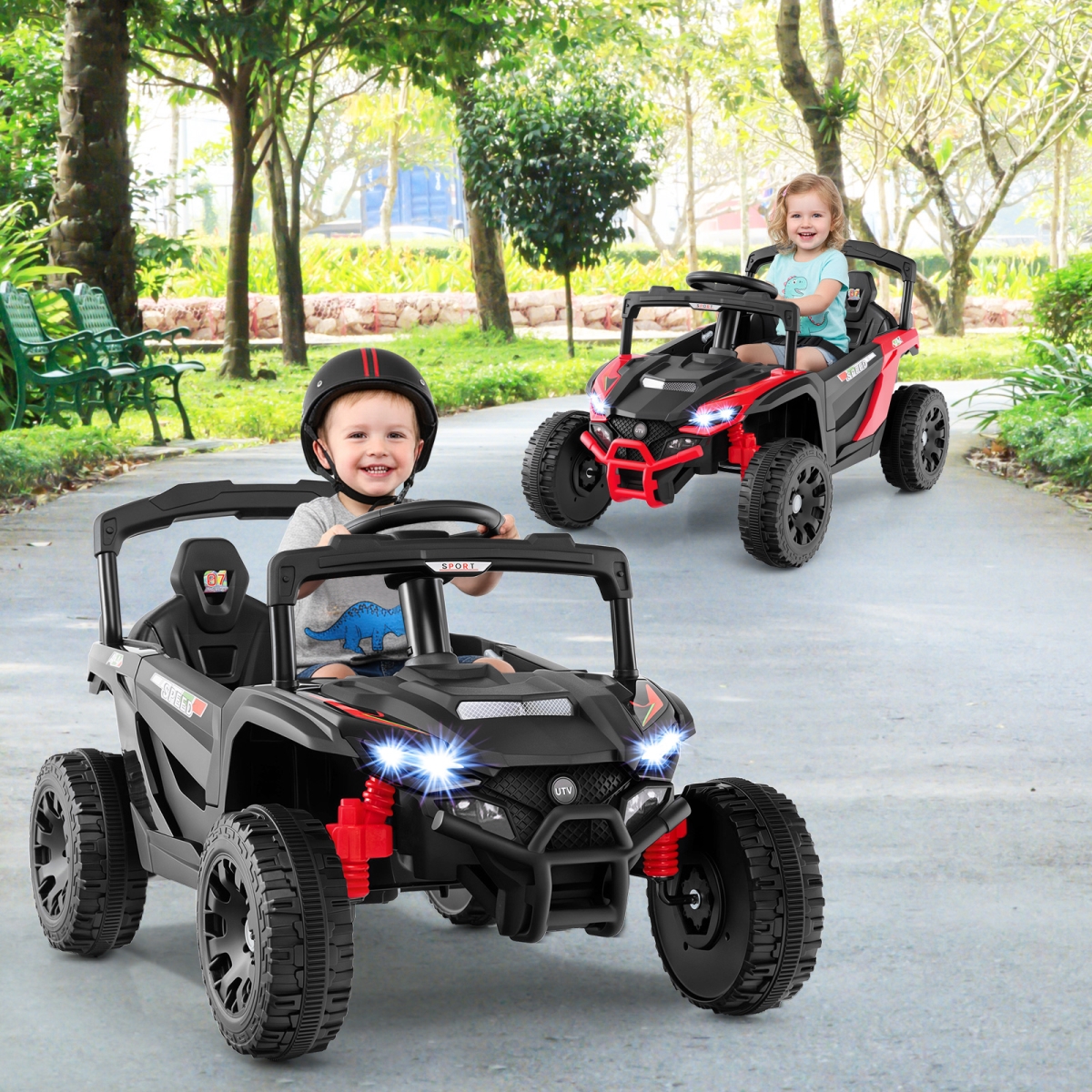 TQ10405US-DK 12V Kids Ride-on Car UTV Electric Vehicle with LED Lights Music & Horn, Black