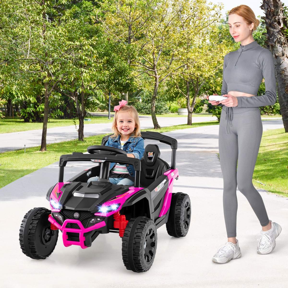 TQ10405US-MH 12V Kids Ride-on Car UTV Electric Vehicle with LED Lights Music & Horn, Hot Pink