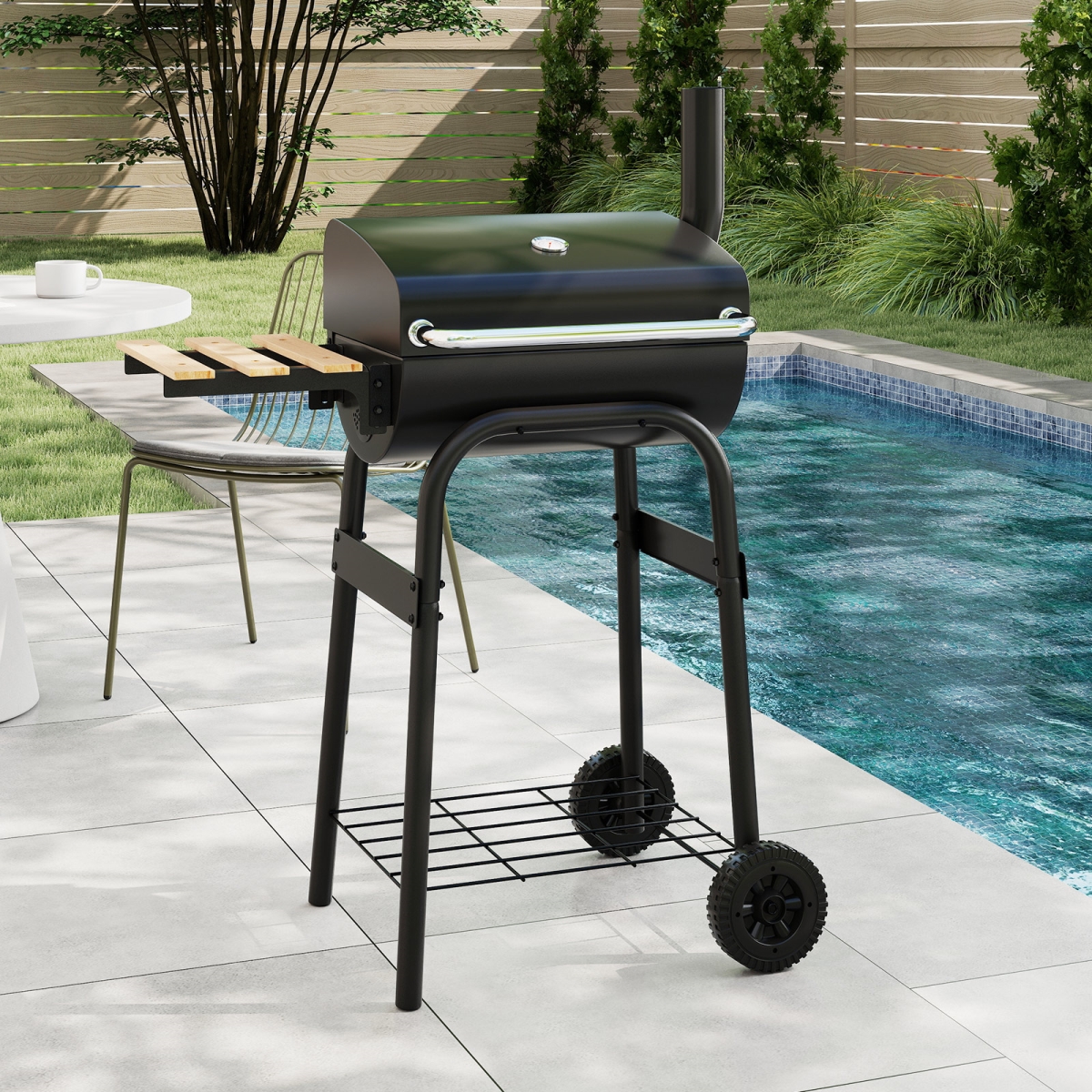 NP12514BK Barrel Charcoal Grill with Foldable Side Table & Thermostat, Black