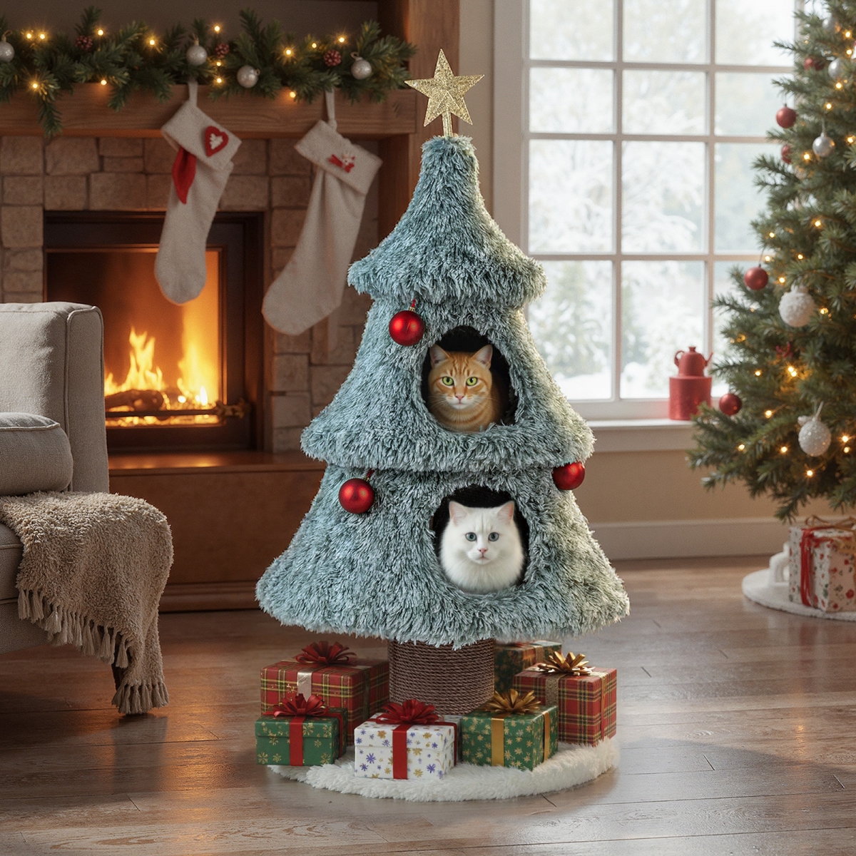 PV10436GN Christmas Cat Tree for Indoor Cats 48.5 in. Cute Cat Tower with 2 Large Condos Scratching Post, Green