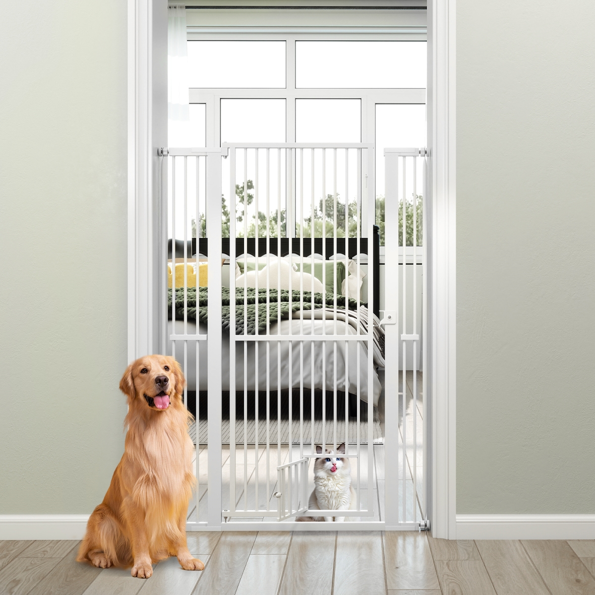 59 in. Extra Tall Pet Gate - Heavy-Duty Metal Cat & Dog Gate with Wide Opening, White