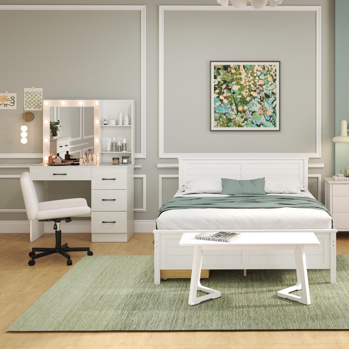 R-BedroomSet1 Bedroom Furniture Set with Twin Size Bed Frame Entryway Bench Vanity Desk & Jewelry Armoire, White, Gray & Espresso - 4 Piece