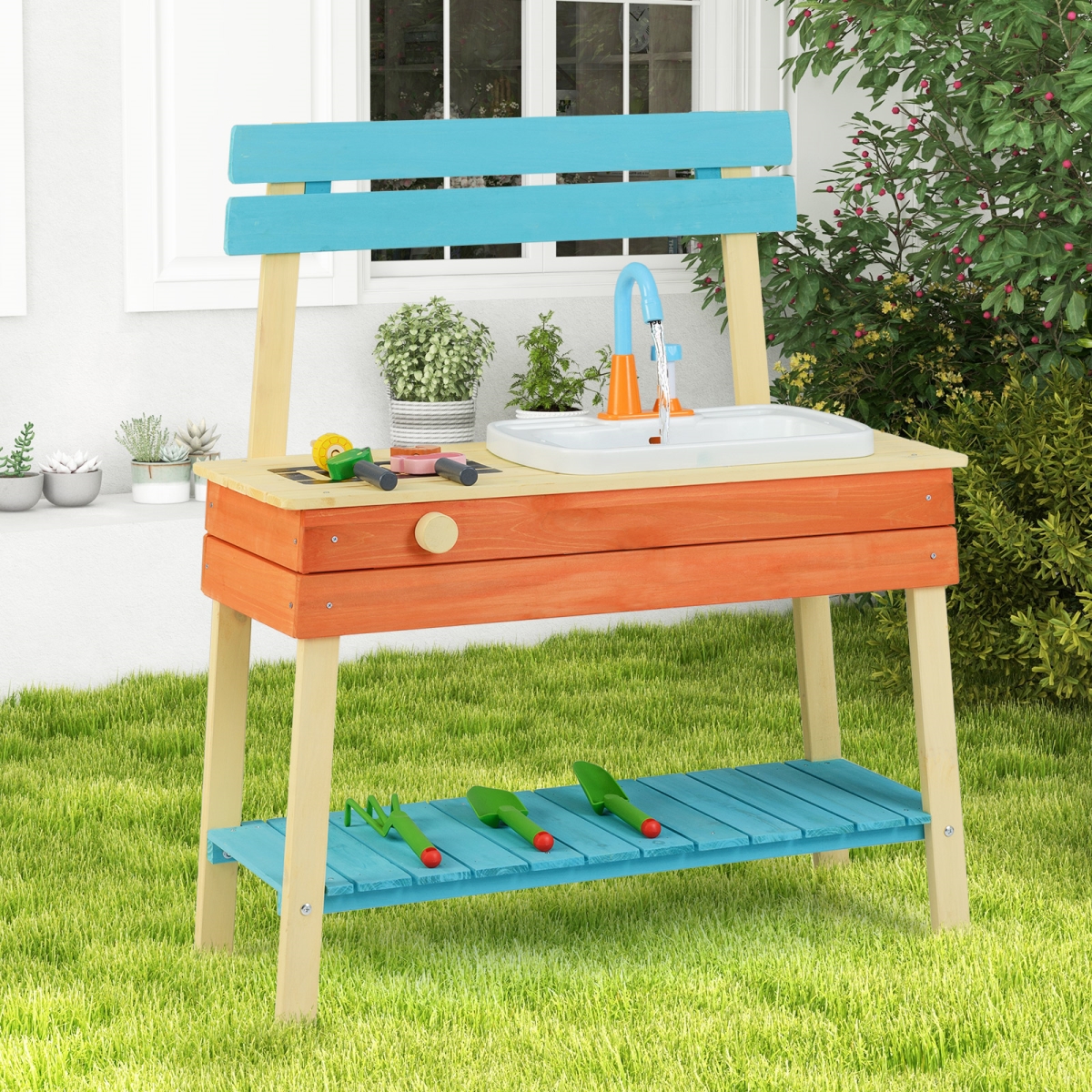TP10404BL Kids Wooden Play Kitchen Set - Pretend Chef Mud Kitchen Playset, Blue