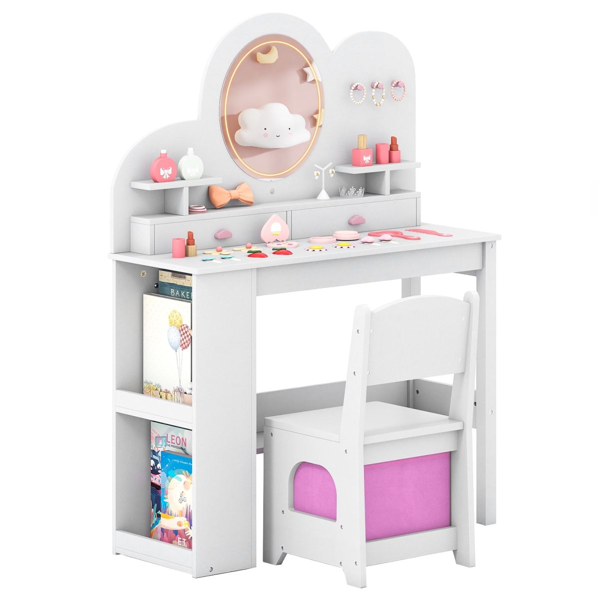 TP10446WH Kids Vanity with Lights Princess Vanity Table & Chair Set with 2 Drawers & 2-Tier Bookshelf, White