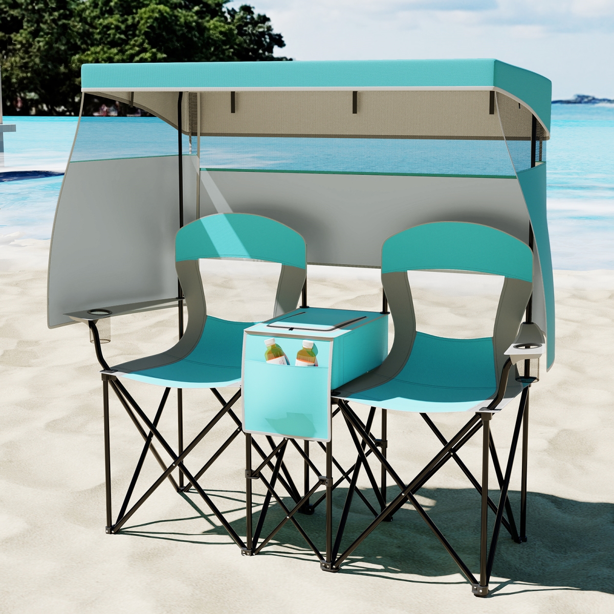 NP12644LS Double Beach Chair with Adjustable Canopy & 3 Side Shading Curtains, Turquoise
