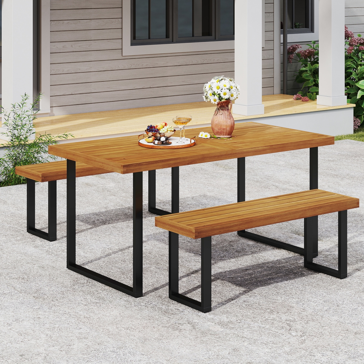 HW74379-HW74378-2 Patio Dining Set - 63 in. Rectangle Table with 2 Backless Benches, Natural & Black - 3 Piece
