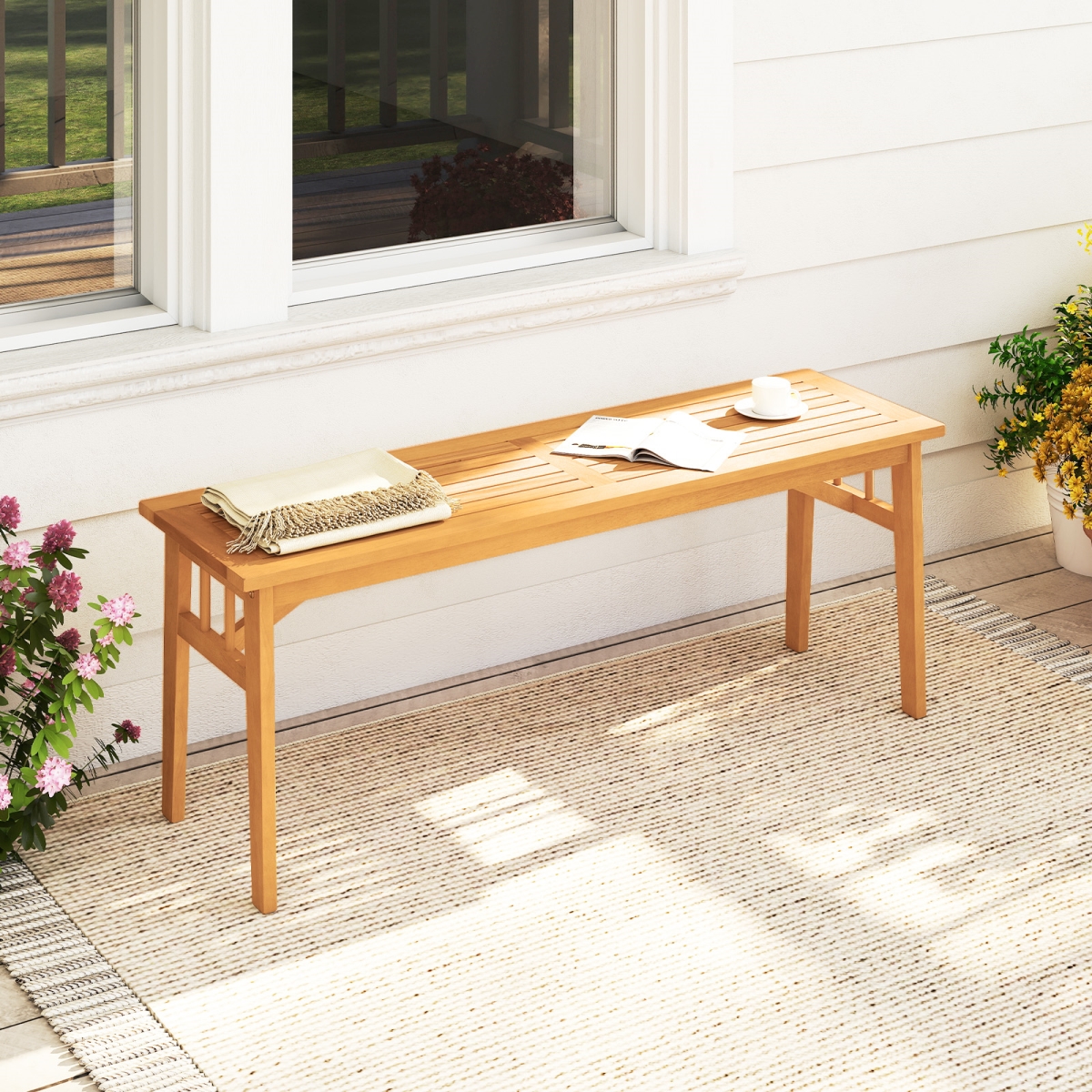 HW74384-2 48 in. Acacia Wood Bench with Breathable Slat Seat & Stable Triangular Structure, Natural - Set of 2