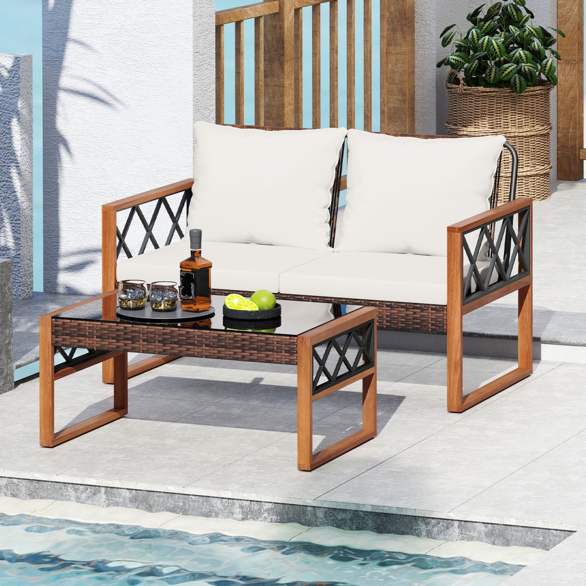HW74724WH Patio PE Wicker Furniture Set Outside Conversation Set for Porch, White - 2 Piece