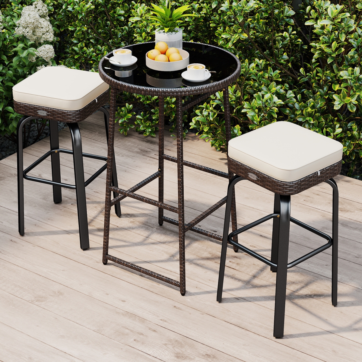 HW74917WH Outdoor Swivel Bar Set - PE Rattan Bar-Height Table with 2 Chairs, White - 3 Piece