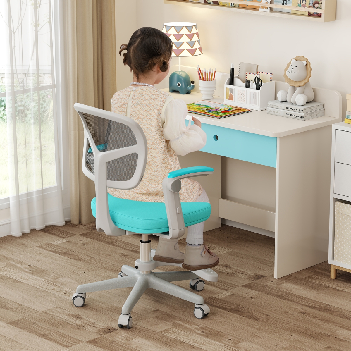 HY10398LV Kids Desk Chair - Children Study Chair with Adjustable Height Armrest & Footrest, Green