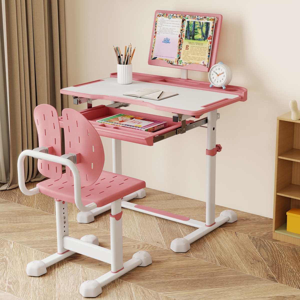 HY10409PI Kids Study Desk & Chair Set with Tilt Desktop & Book Stand, Pink