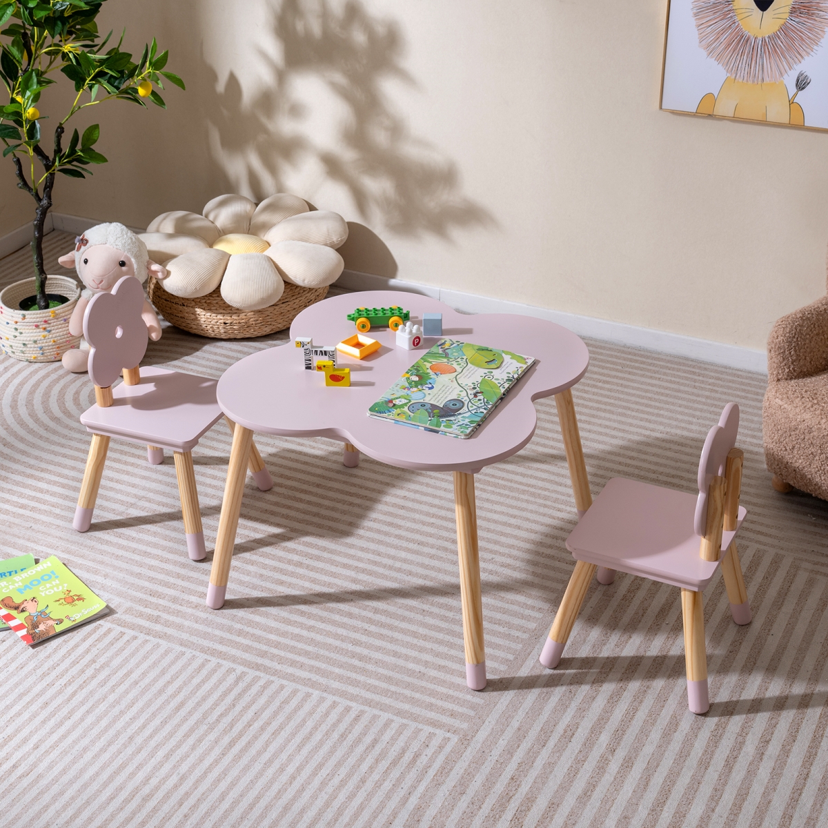 HY10427PI Flower-Shaped Kids Table Set with Solid Pine Wood Legs, Pink