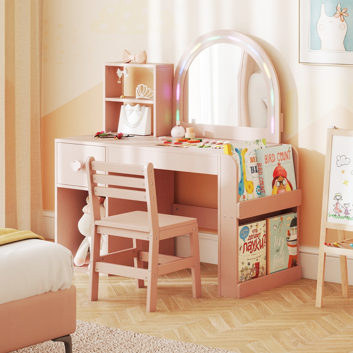 HY10439PI Kids Vanity Table & Chair Set with Lighted Mirror for Kids Aged 3 Plus Years Old, Pink
