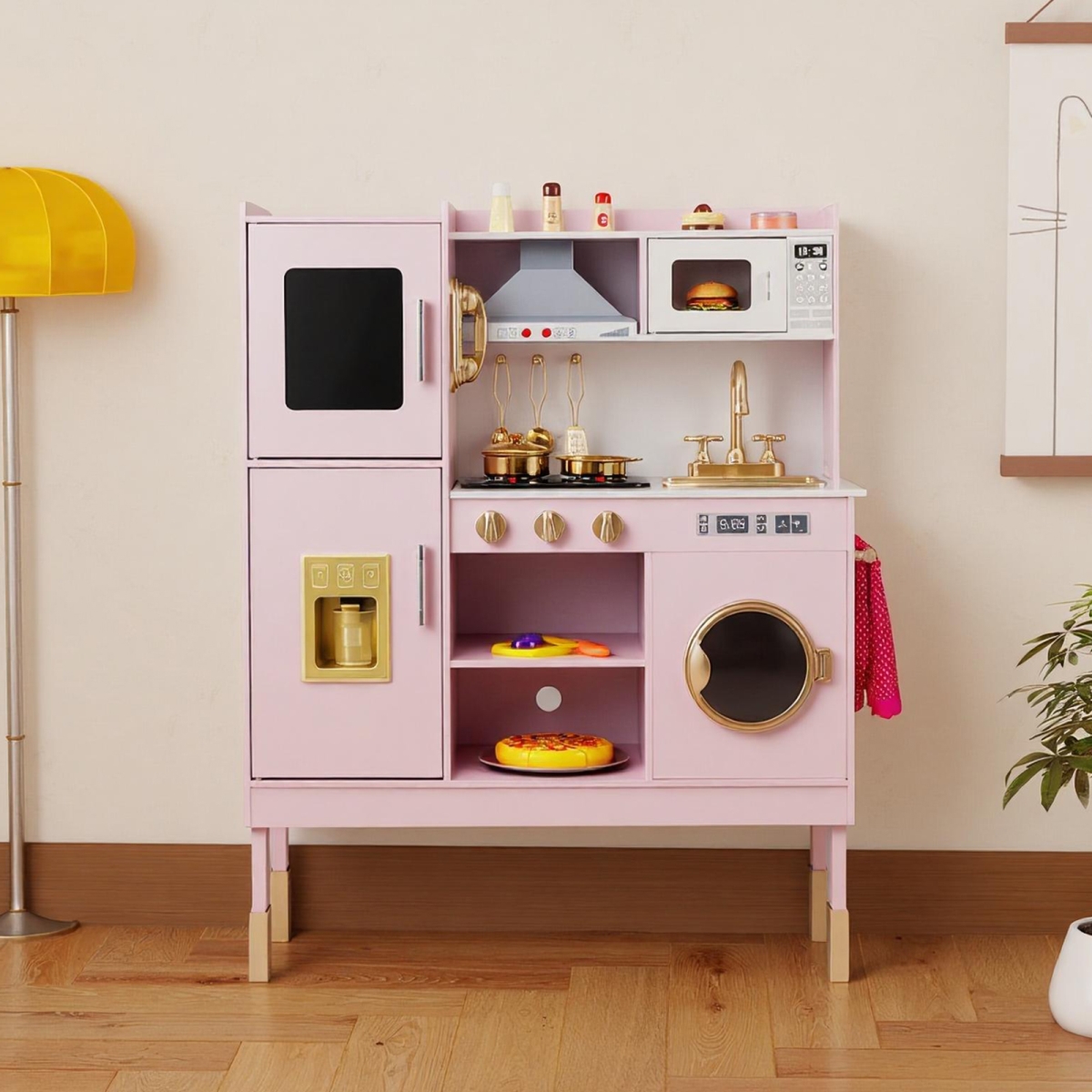 TP10469GD Pretend Play Kitchen Toy Kitchen Playset with Range Hood Ice Maker & Telephone, Light Pink