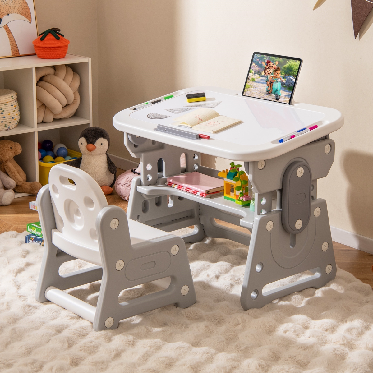 UY10140GR Height Adjustable Kids Table & Chair Set with Tiltable Whiteboard & Concave Shelf, Gray