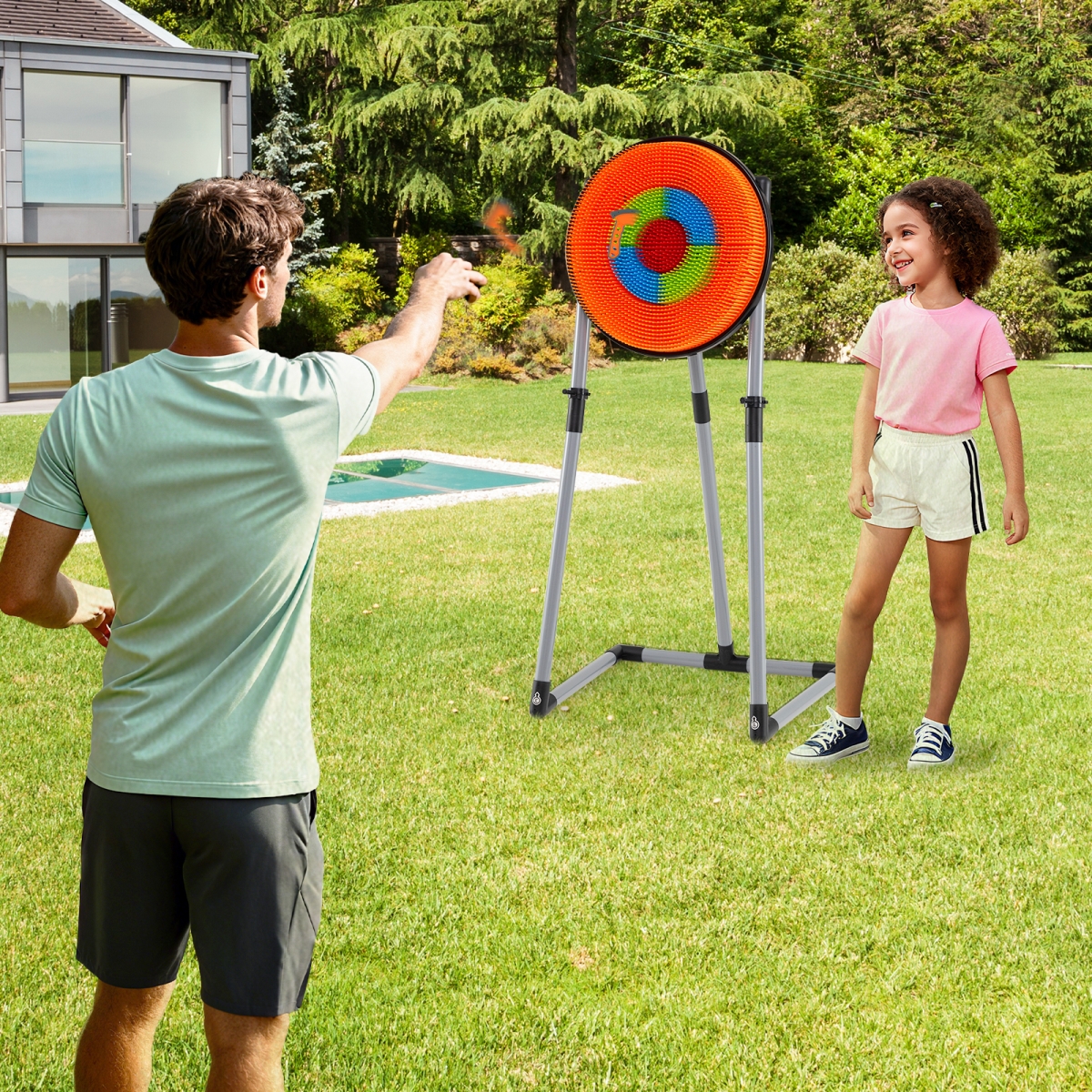 UY10212 4-in-1 Throwing Target Set Kids Throwing Game with Bristle Target & 3 Throwing Axes, Orange, Black & Grey