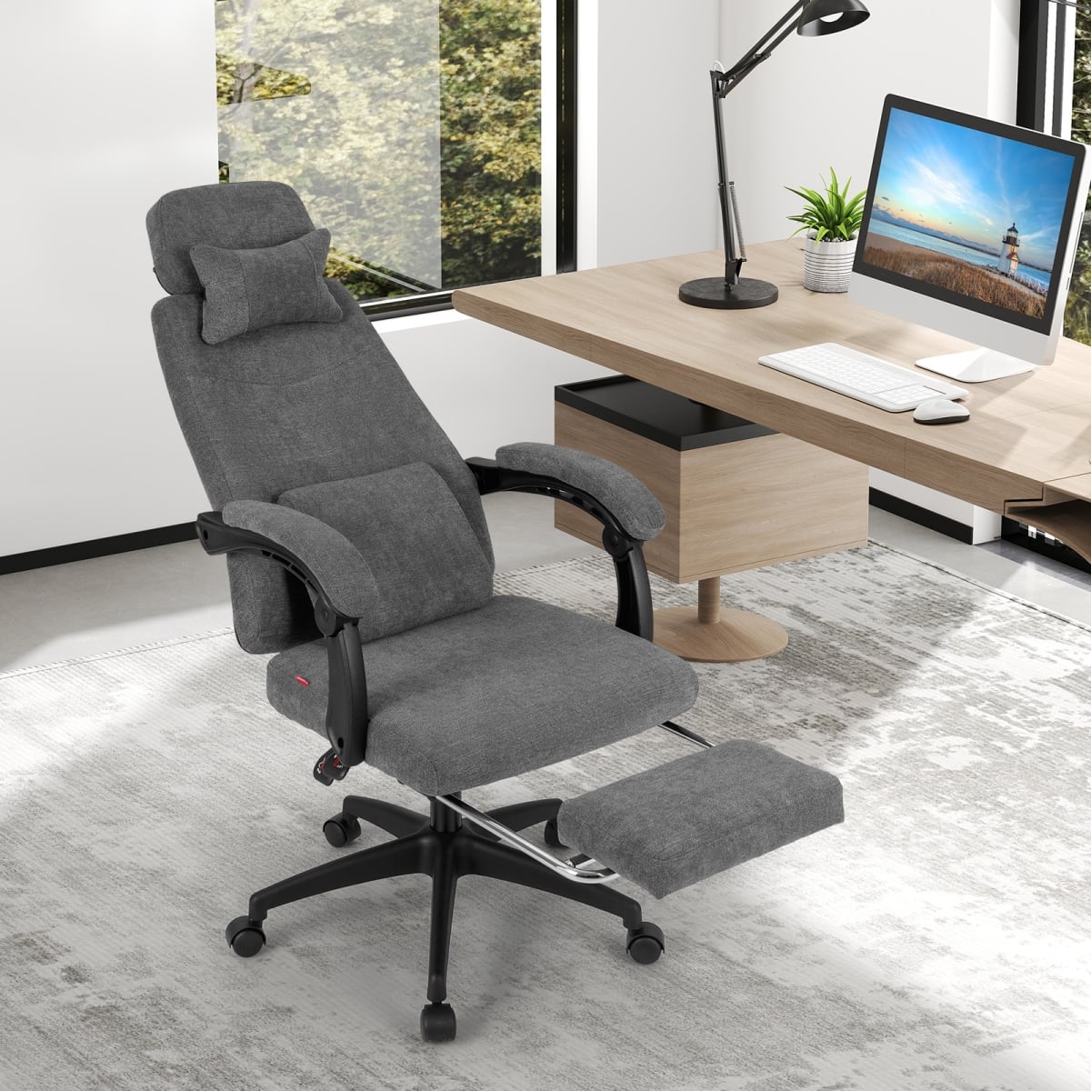 CB10969GR Reclining Office Chair - Chenille Fabric Upholstered Computer Desk Chair, Gray