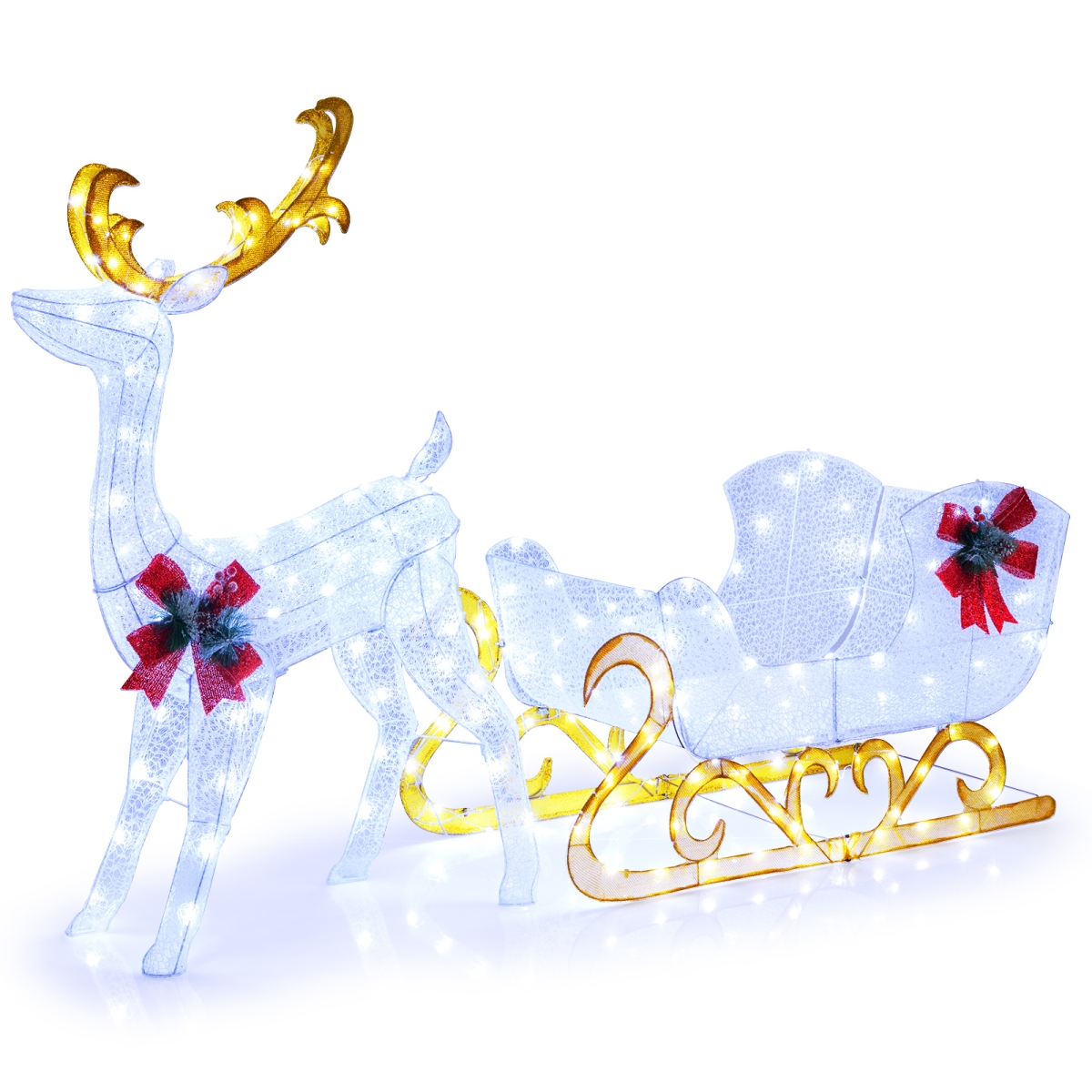 EU10025US-BE 6 ft. Christmas Lighted Reindeer & Santas Sleigh Decoration with 4 Stakes, White