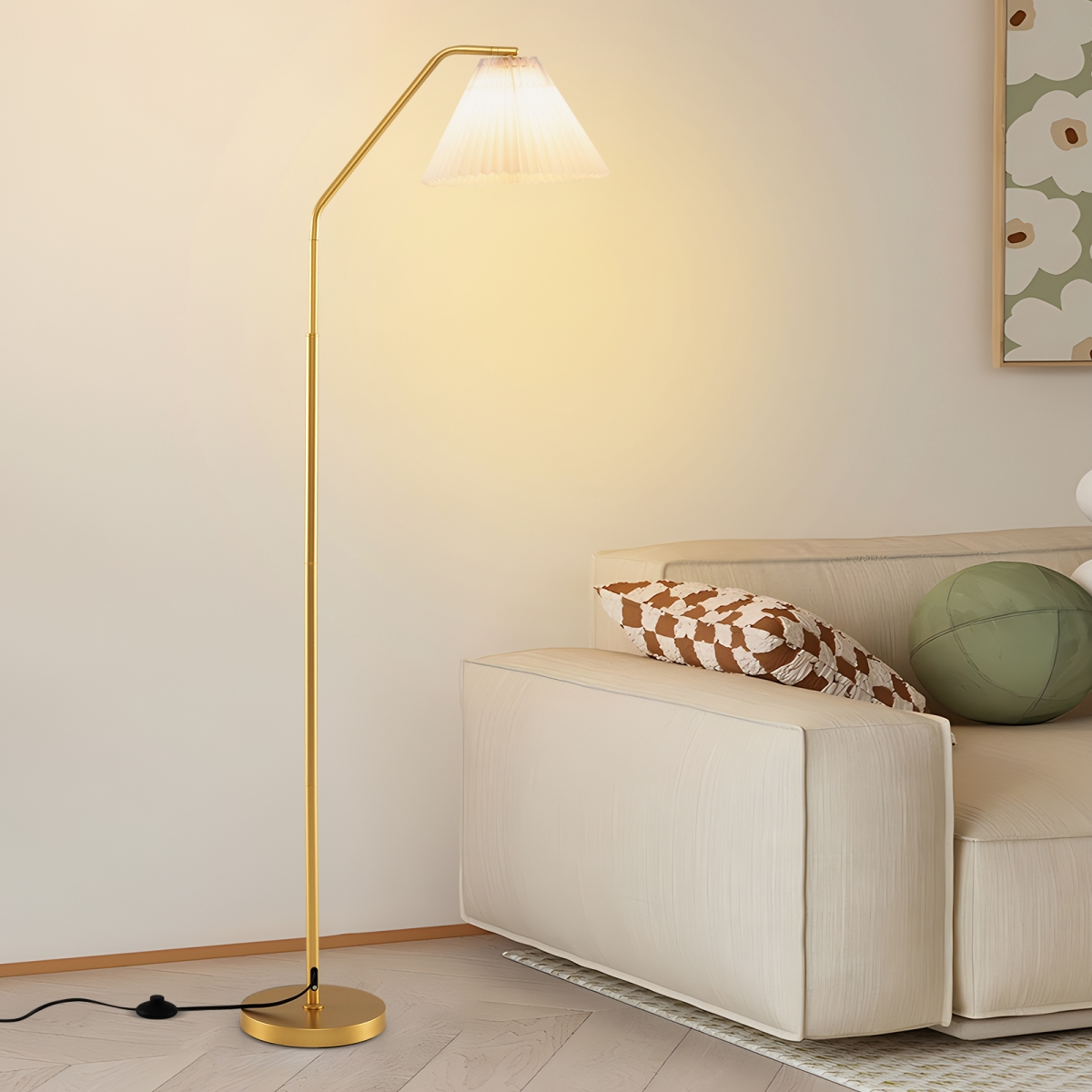EU10166US Modern Standing Lamp with Adjustable Lamp Head & Pleated Lampshade, Gold & White