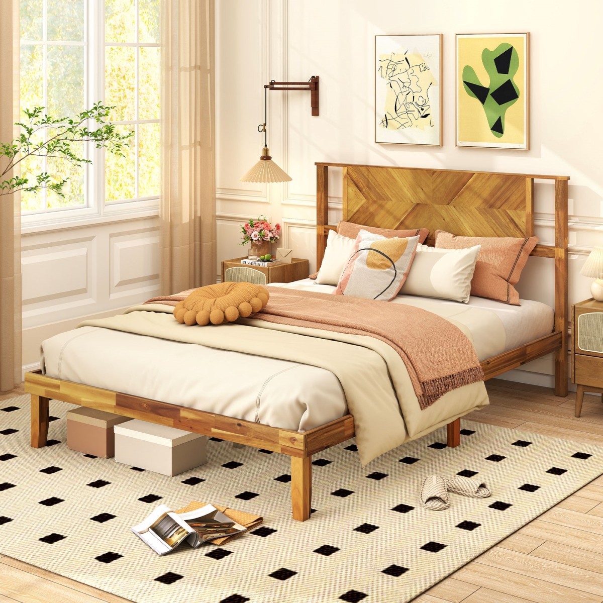 HU10981NA-F Bed Frame Mid-Century Acacia Wood Platform Bed with Headboard, Rustic Golden Brown - Full Size