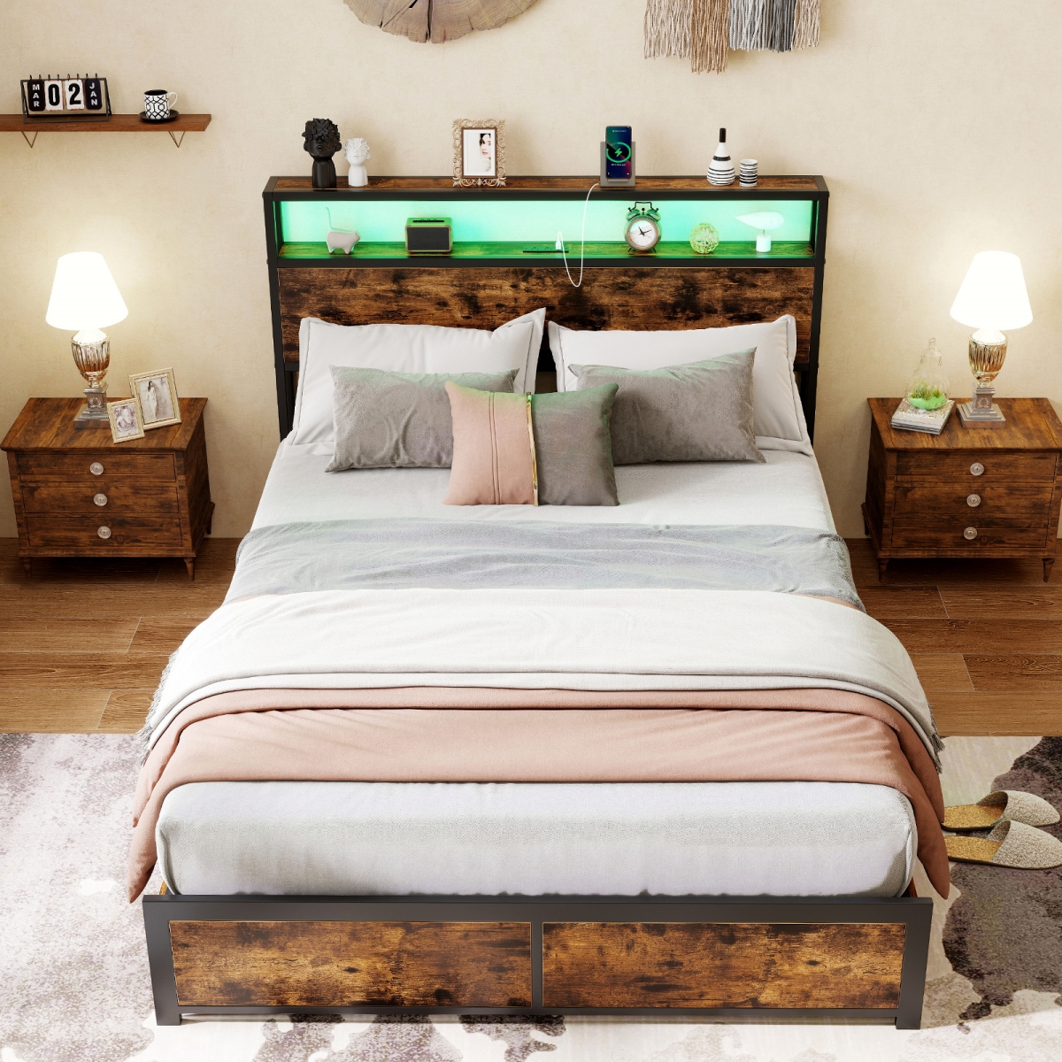 HU11065US-F LED Bed Frame with Charging Station & 4 Storage Drawers, Rustic Brown & Black - Full Size