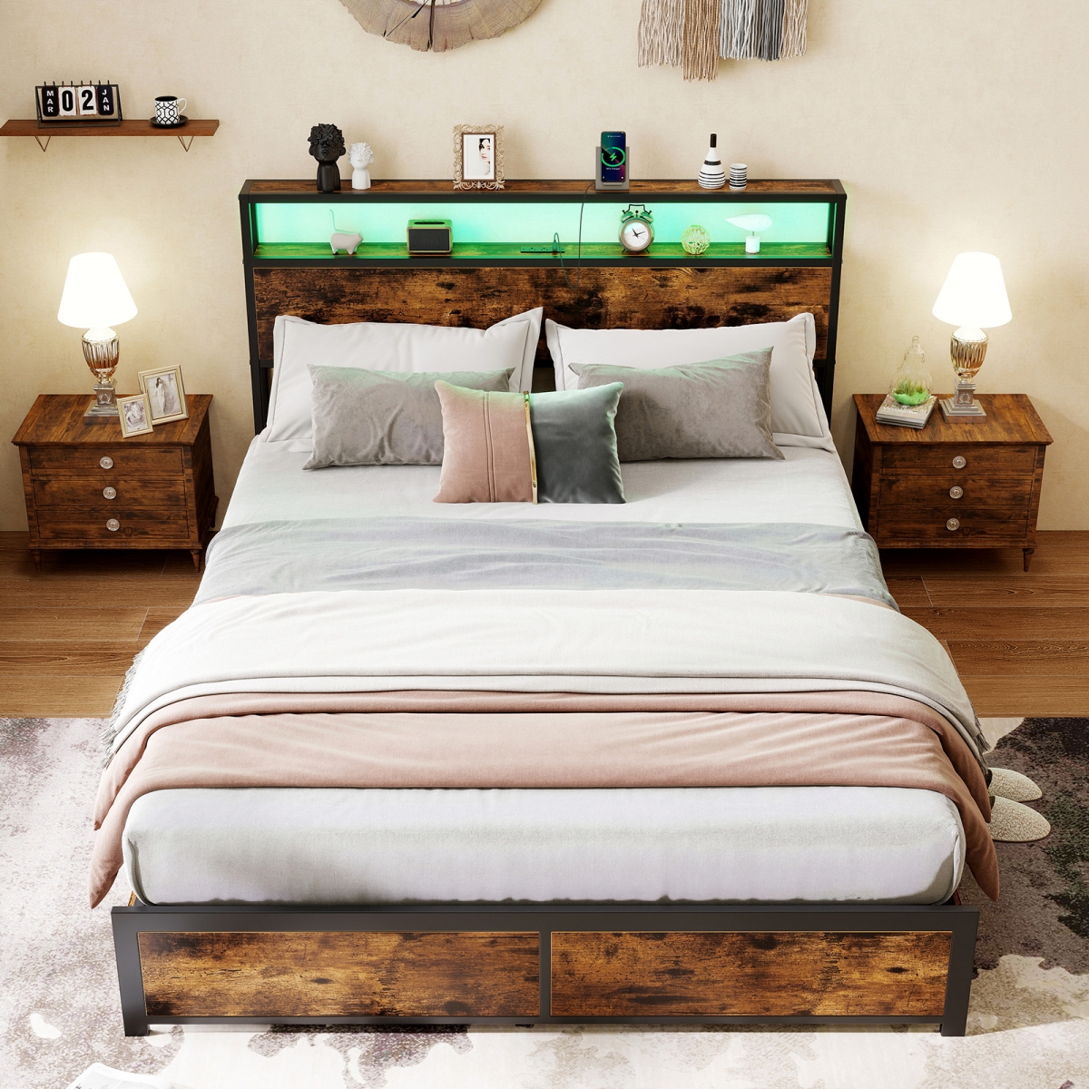 HU11065US-Q LED Bed Frame with Charging Station & 4 Storage Drawers, Rustic Brown & Black - Queen Size